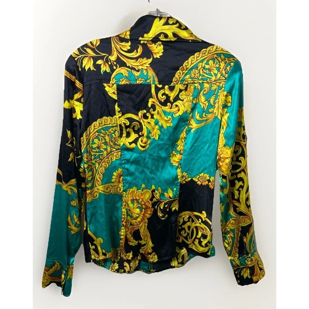 CACHE SILK GOLD BAROQUE  PRINT , BUTTON UP COLLARED SHIRT BLOUSE Women's Size XS